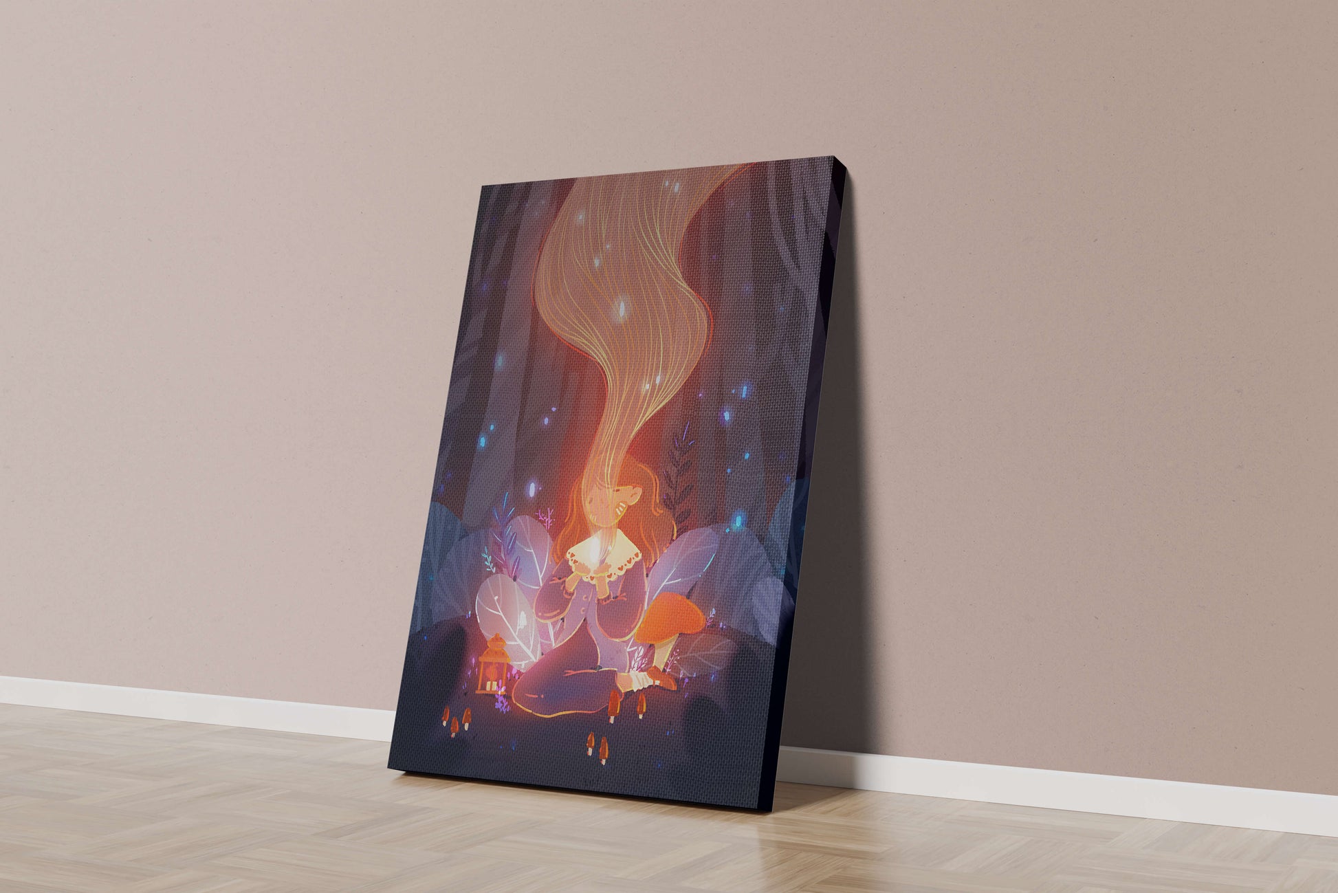 Magical forest scene with lantern and glowing hair