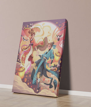 Dynamic anime scene with traditional attire and lanterns