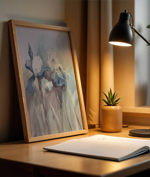 Delicate blue and white floral painting with soft brush strokes