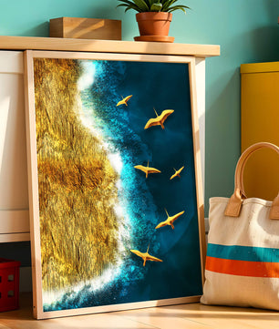 Golden beach landscape with vibrant ocean and flying seabirds