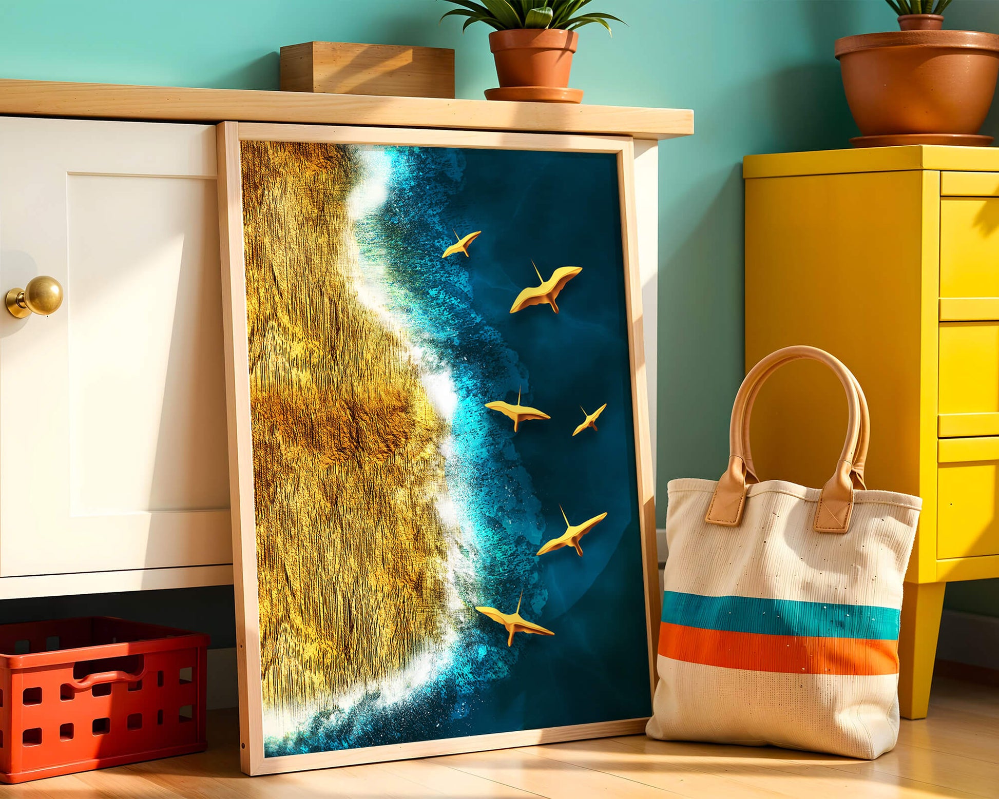 Golden beach landscape with vibrant ocean and flying seabirds