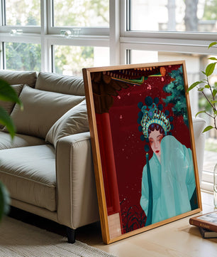 Traditional Asian art with elegant woman in traditional attire