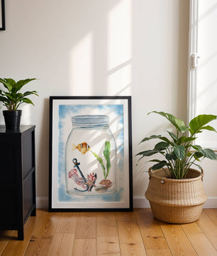 Watercolor illustration of marine life in a jar with a clownfish