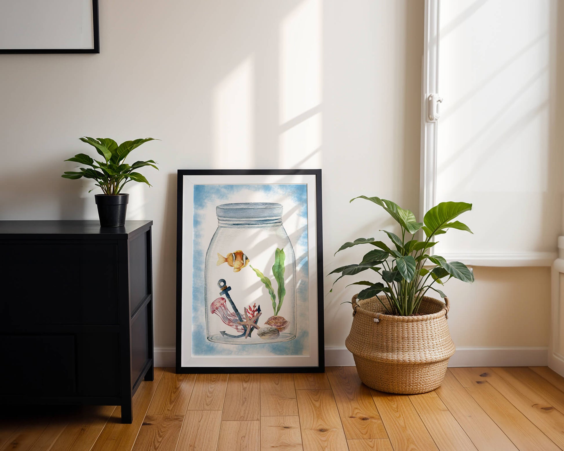 Watercolor illustration of marine life in a jar with a clownfish