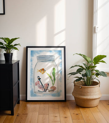 Watercolor illustration of marine life in a jar with a clownfish