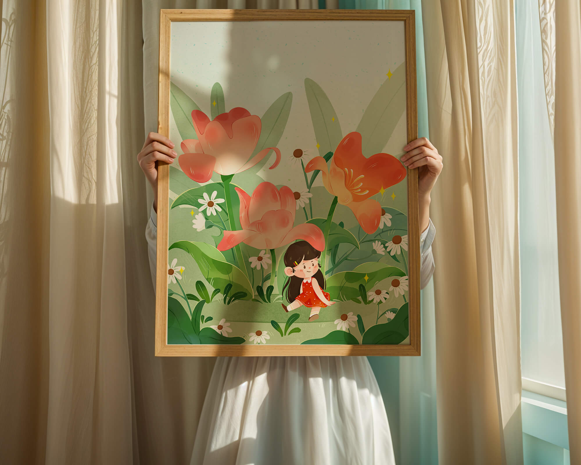 Charming floral garden with whimsical child illustration