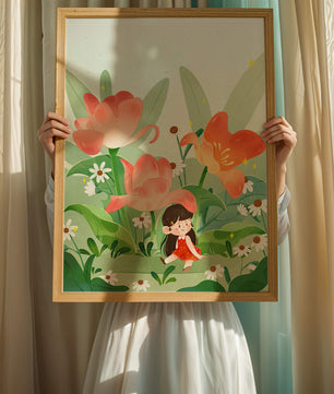 Encantador jardín floral con ilustración de niño caprichoso