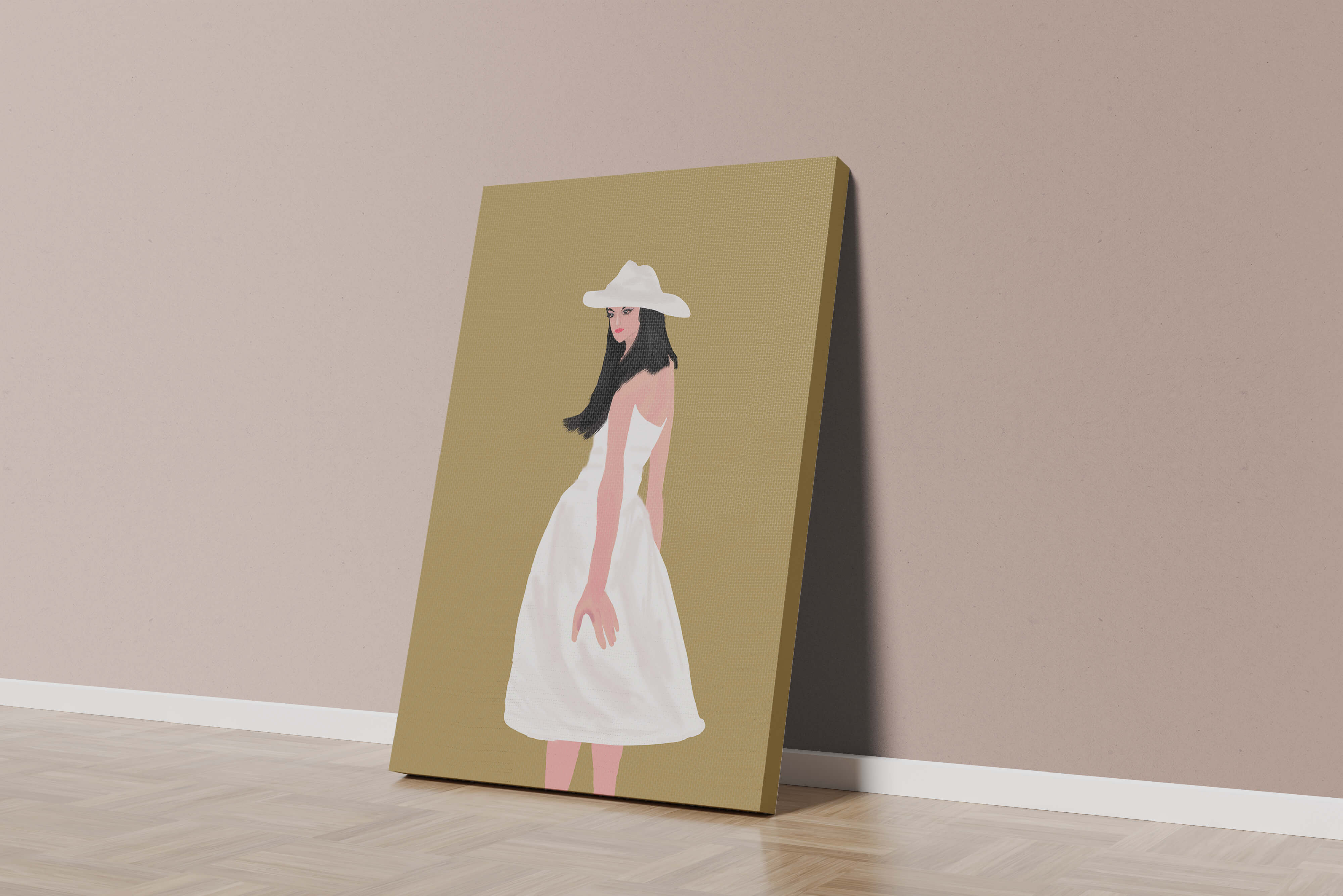 Woman in a white dress and hat on a gold background