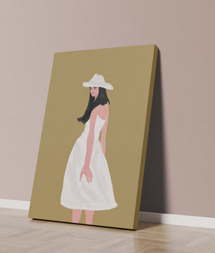 Woman in a white dress and hat on a gold background