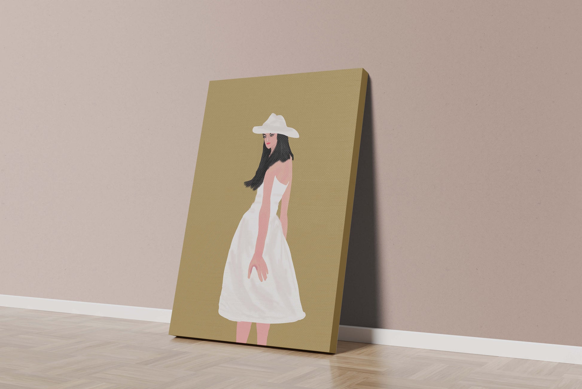 Woman in a white dress and hat on a gold background