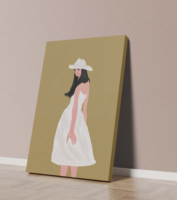 Woman in a white dress and hat on a gold background