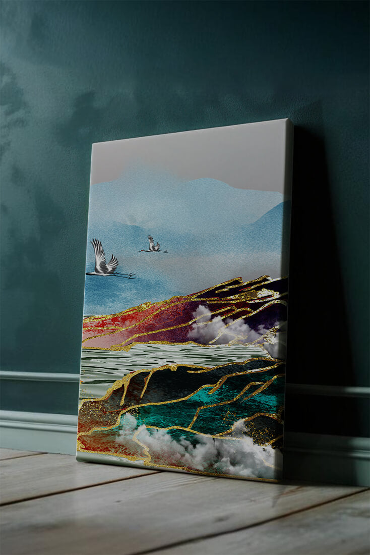 Majestic Landscape With Flying Cranes And Golden Accents