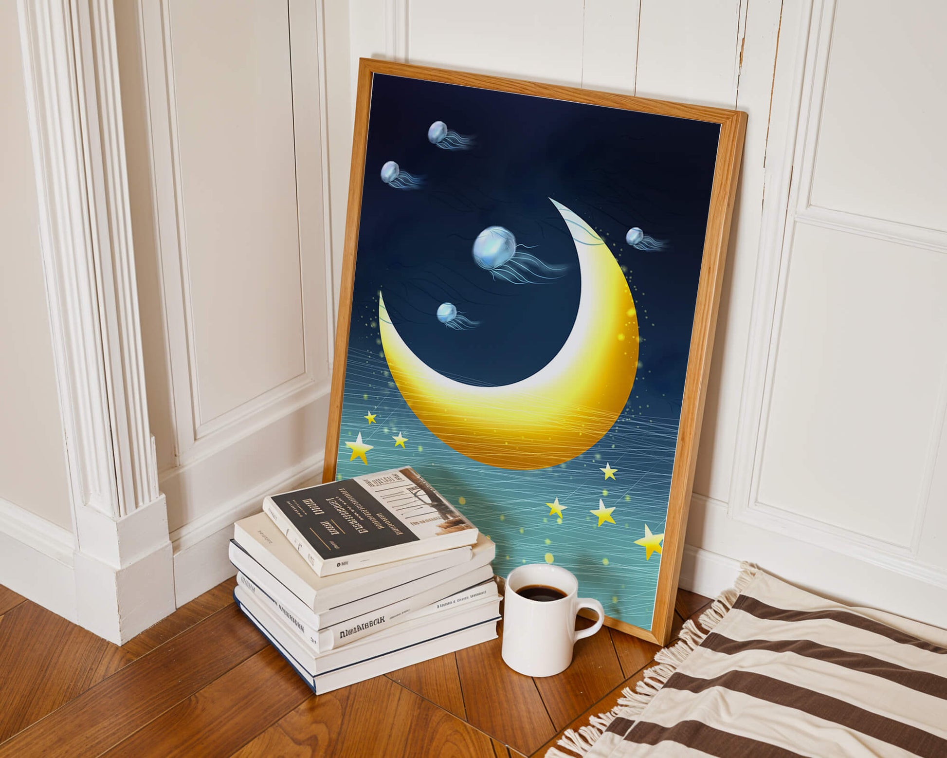Night sky with golden crescent moon and jellyfish drifting
