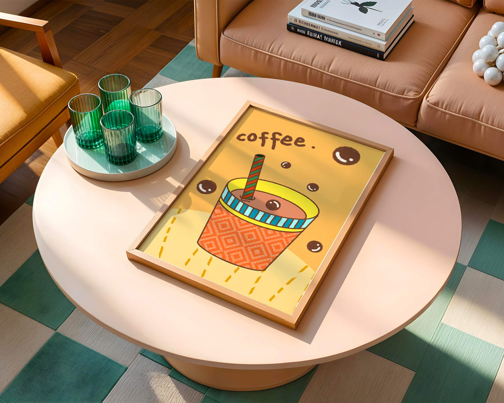 Colorful coffee cup illustration with bubbles and straw