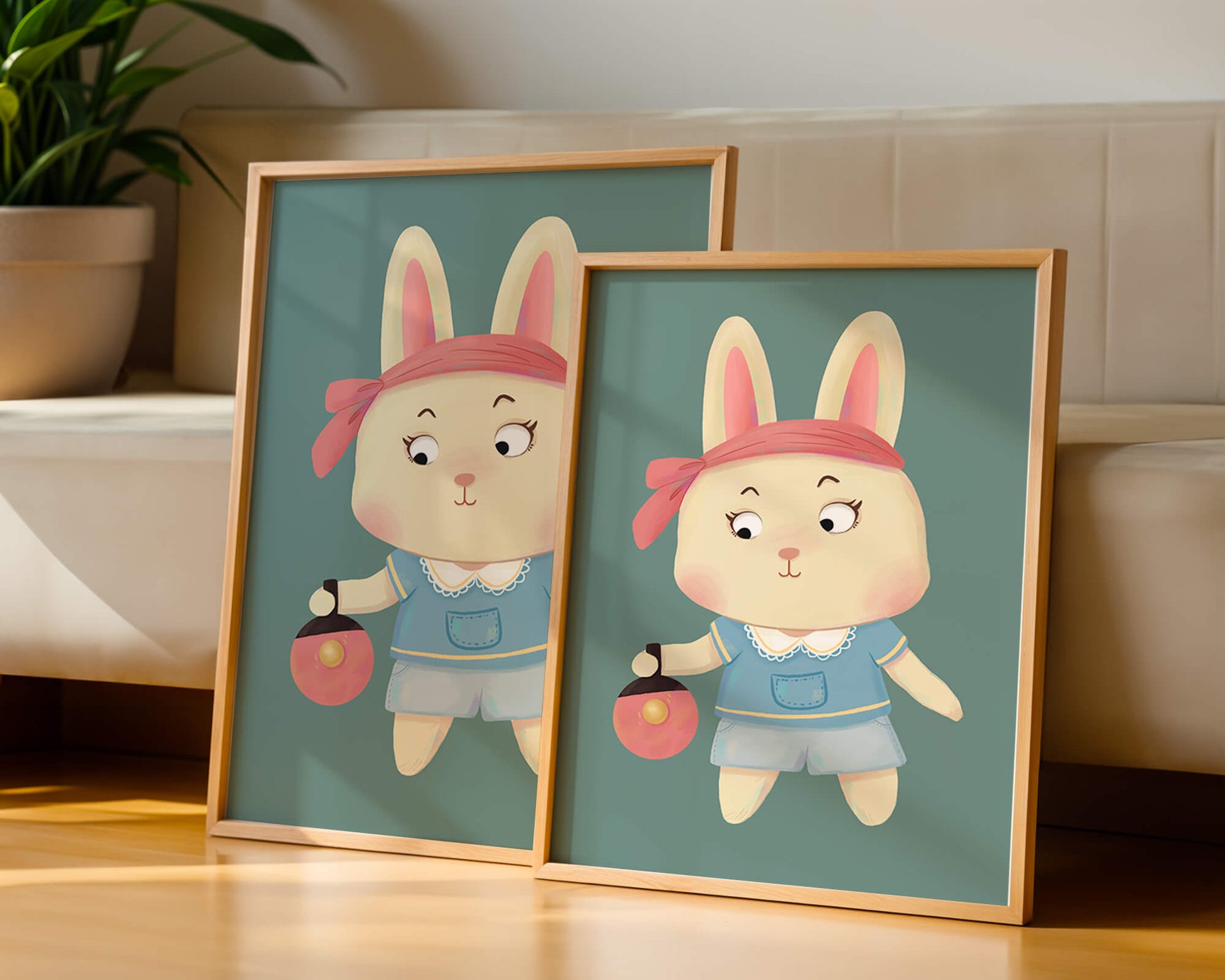 Illustration d'un lapin cartoon avec un bandeau et un sac rond