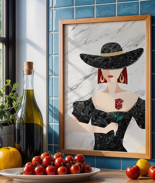 Elegante Frau mit stilvollem schwarzen Hut und roter Rose