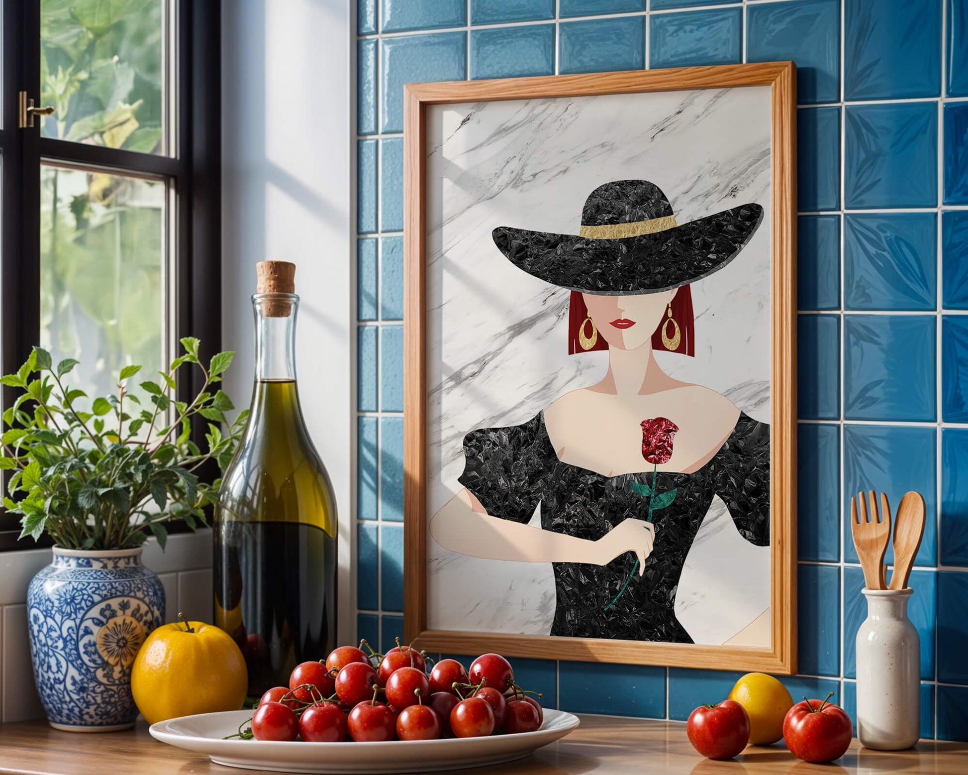 Elegante Frau mit stilvollem schwarzen Hut und roter Rose