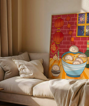 Festive Dumpling Illustration with Lanterns and Fireworks - Mi tienda