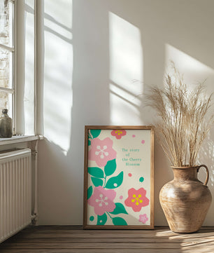 Florale Illustration mit Kirschblüten und grünen Blättern