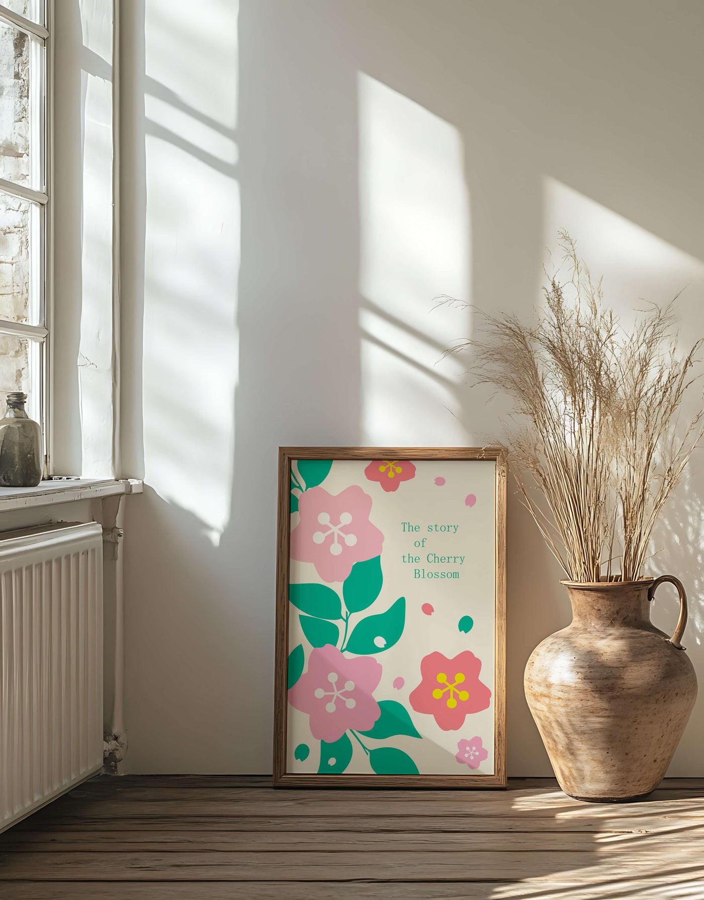 Floral illustration with cherry blossoms and green leaves