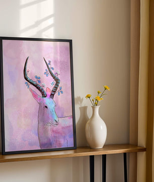 Pastel watercolor illustration of antelope with floral horns
