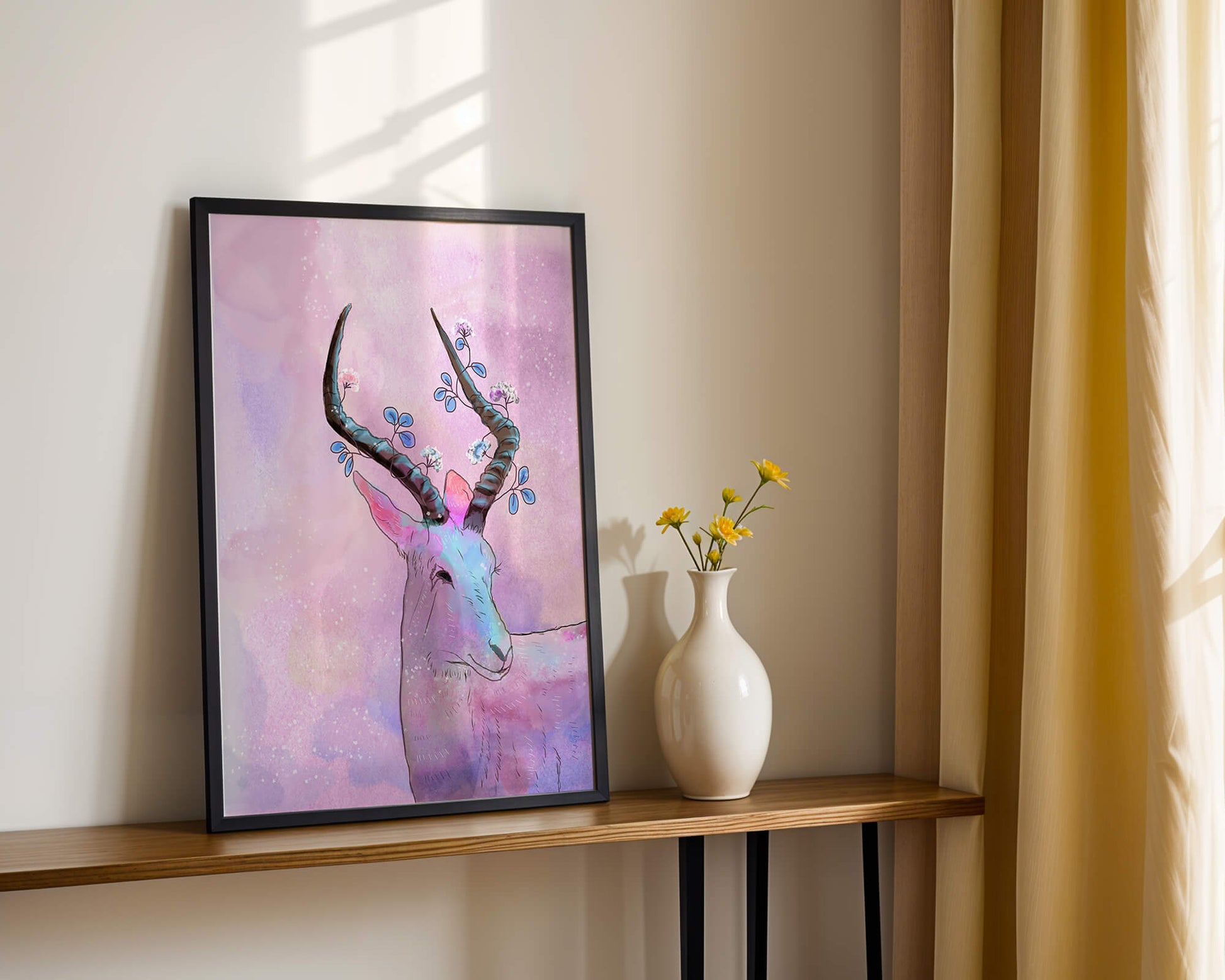 Pastel watercolor illustration of antelope with floral horns