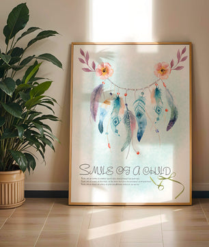 Whimsical dreamcatcher with feathers and flowers in a pastel watercolor style