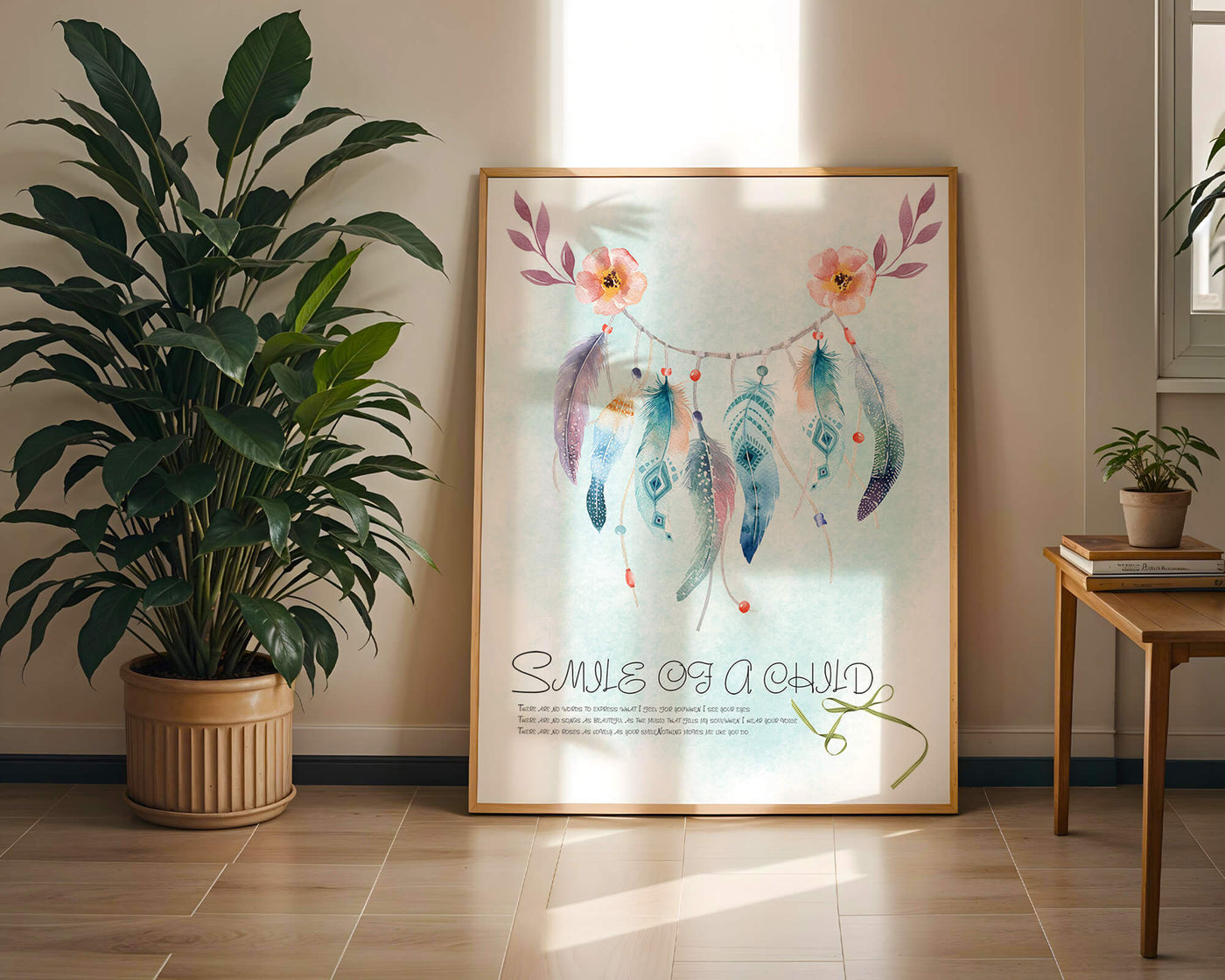 Whimsical dreamcatcher with feathers and flowers in a pastel watercolor style