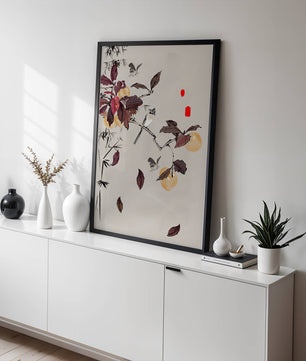 Elegant nature illustration featuring butterflies and birds on a branch