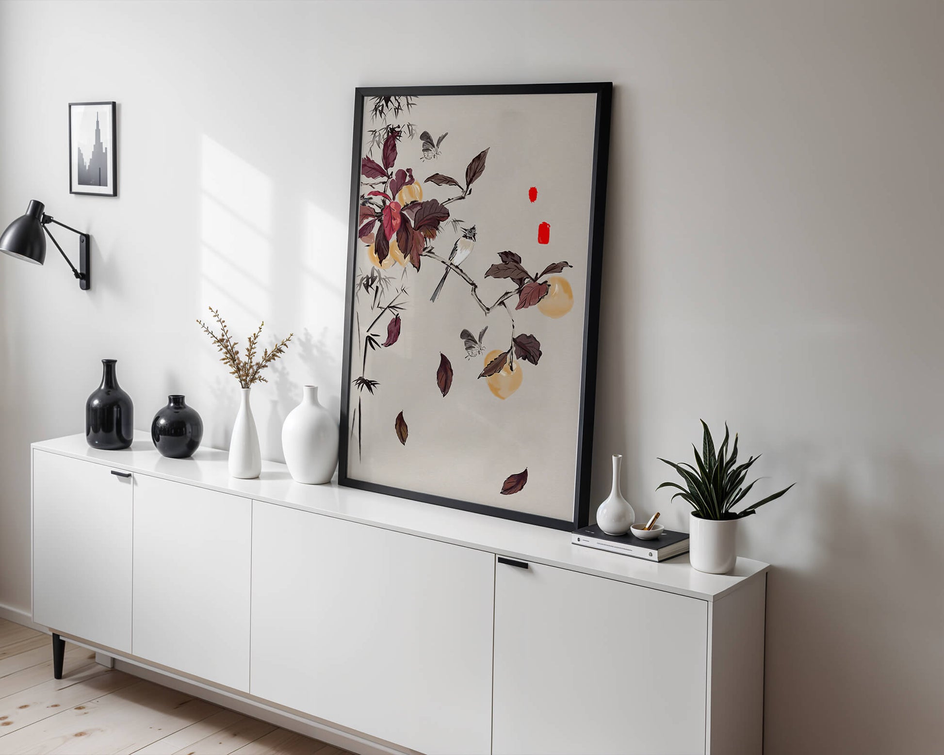 Elegant nature illustration featuring butterflies and birds on a branch