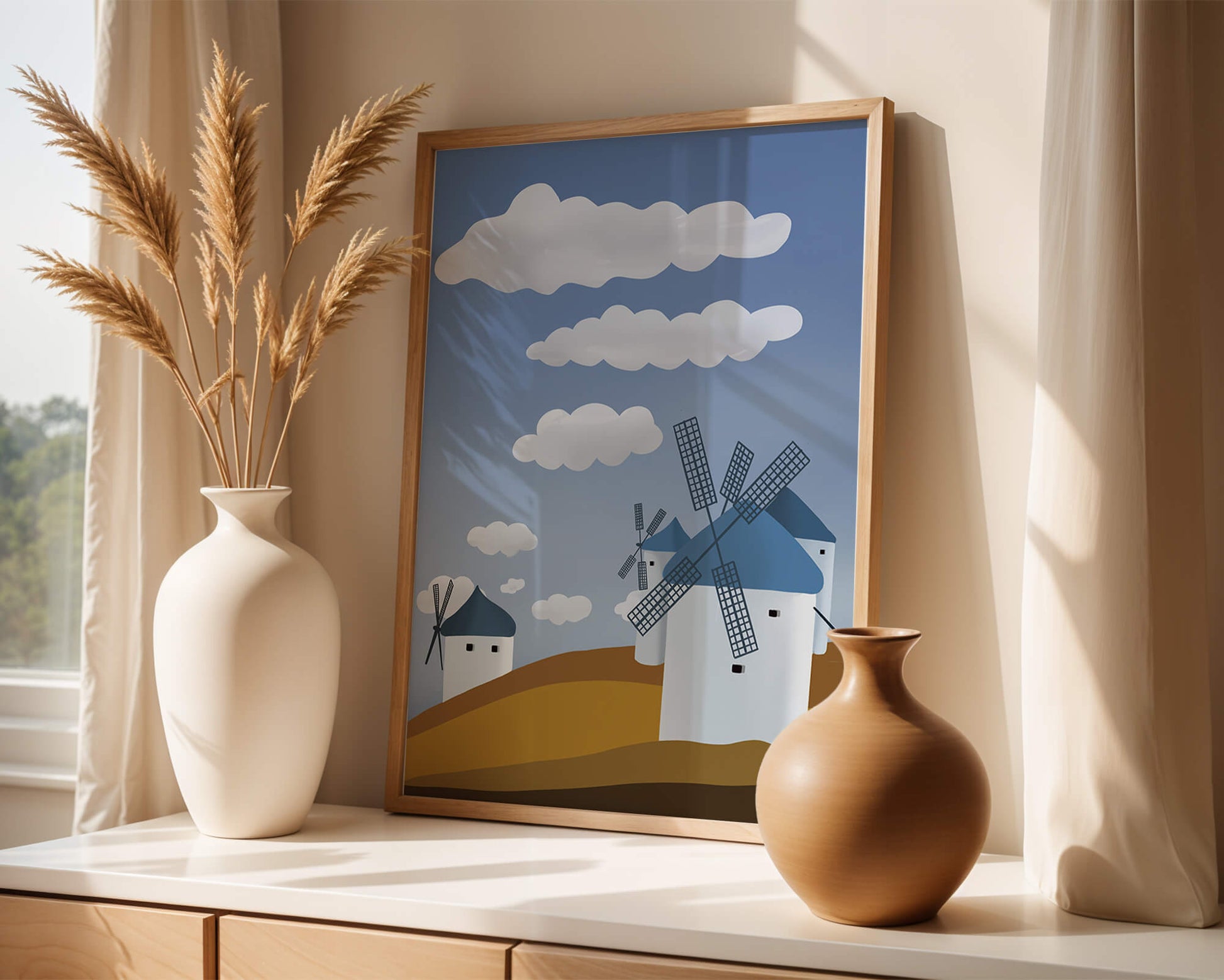 Scenic Windmills on a Sunny Day with Blue Skies and Clouds