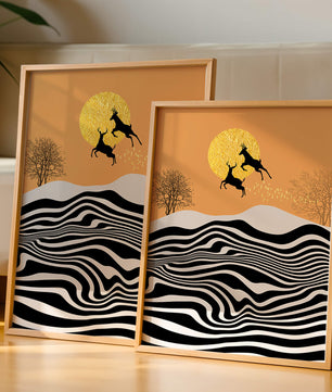 Abstract landscape with jumping deer and golden sun