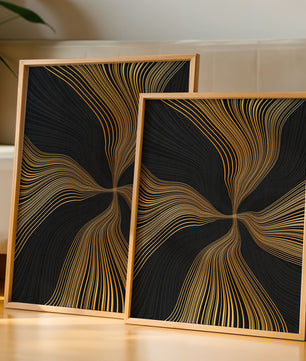 Líneas doradas abstractas sobre fondo negro con flujo dinámico