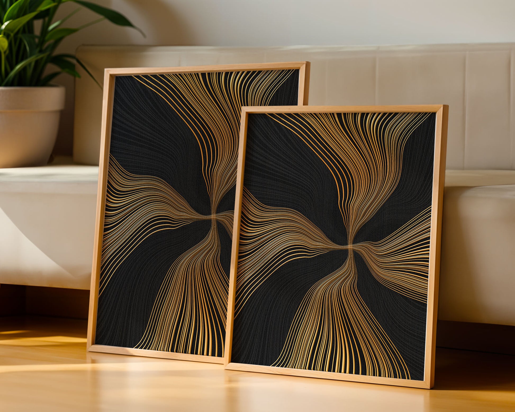 Líneas doradas abstractas sobre fondo negro con flujo dinámico