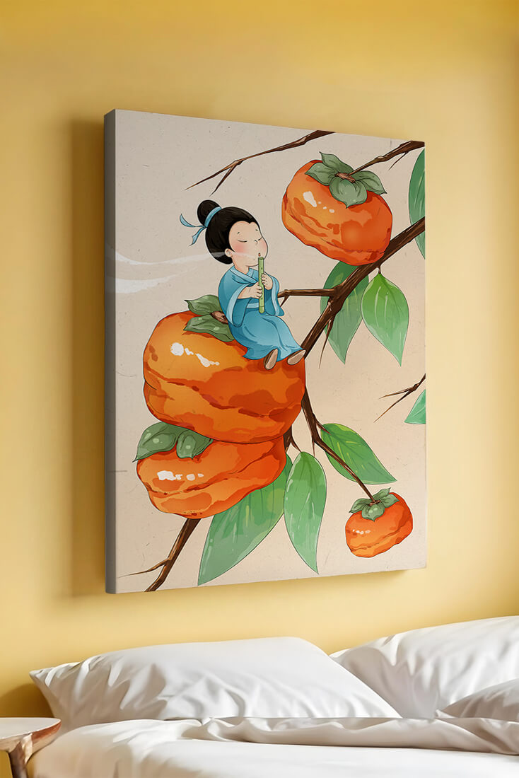 Child playing flute on persimmon-filled tree in whimsical illustration
