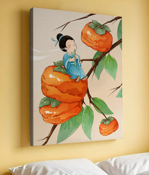 Child playing flute on persimmon-filled tree in whimsical illustration