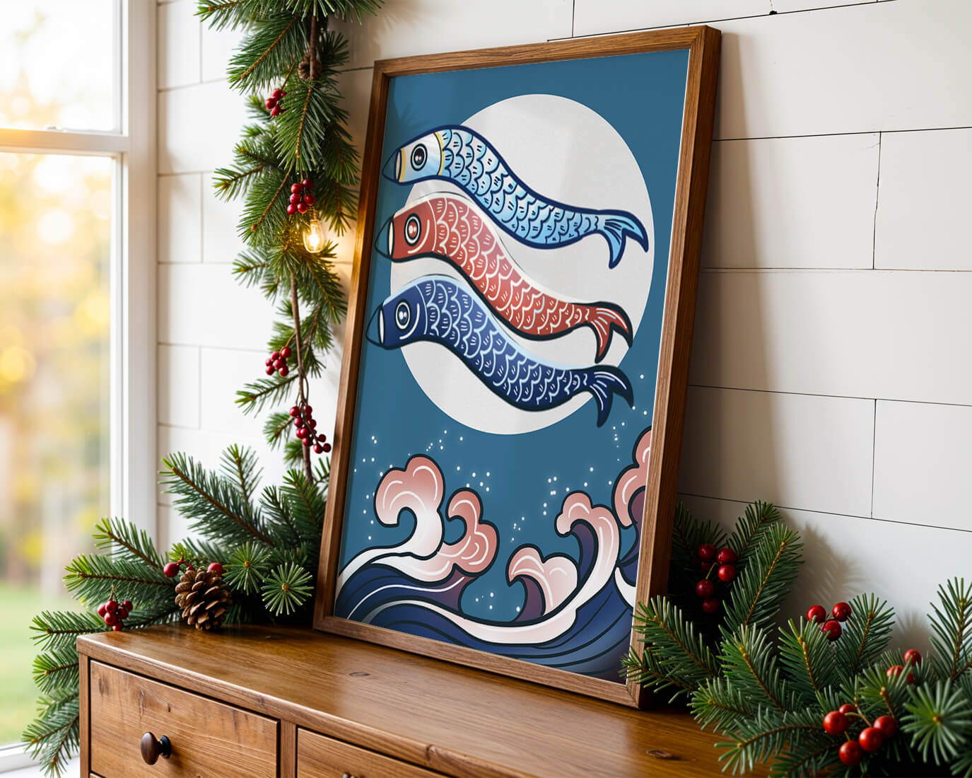Colorful koi fish kites against a full moon with ocean waves