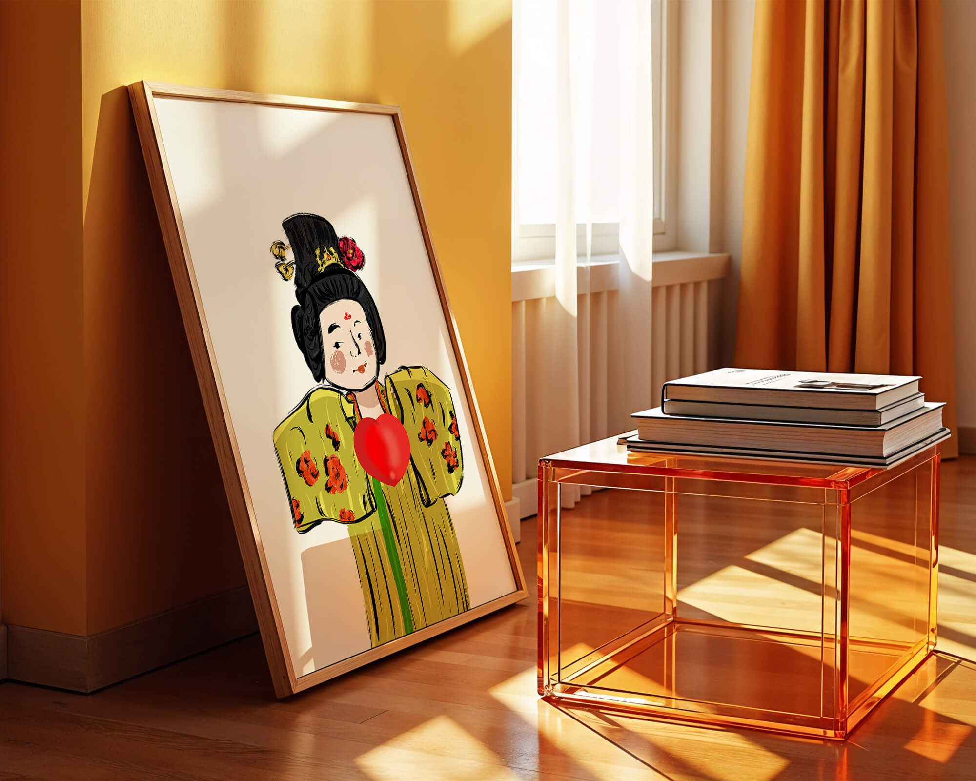 Illustration of a traditional figure in vibrant attire with a heart symbol