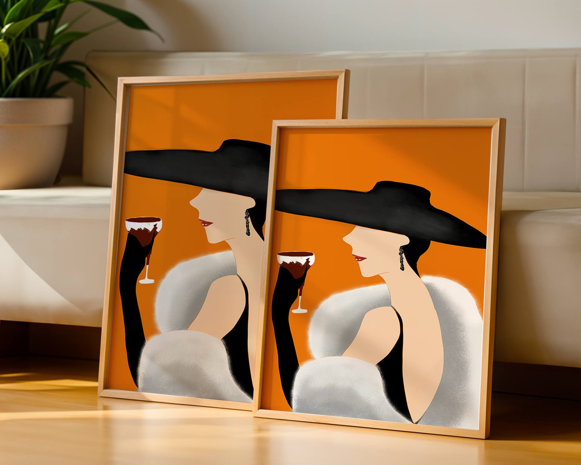 Elegant Woman in Black Hat and White Fur with Wine Glass