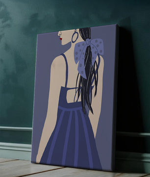 Stilvolle Illustration einer Frau mit gepunkteter Schleife und blauem Kleid