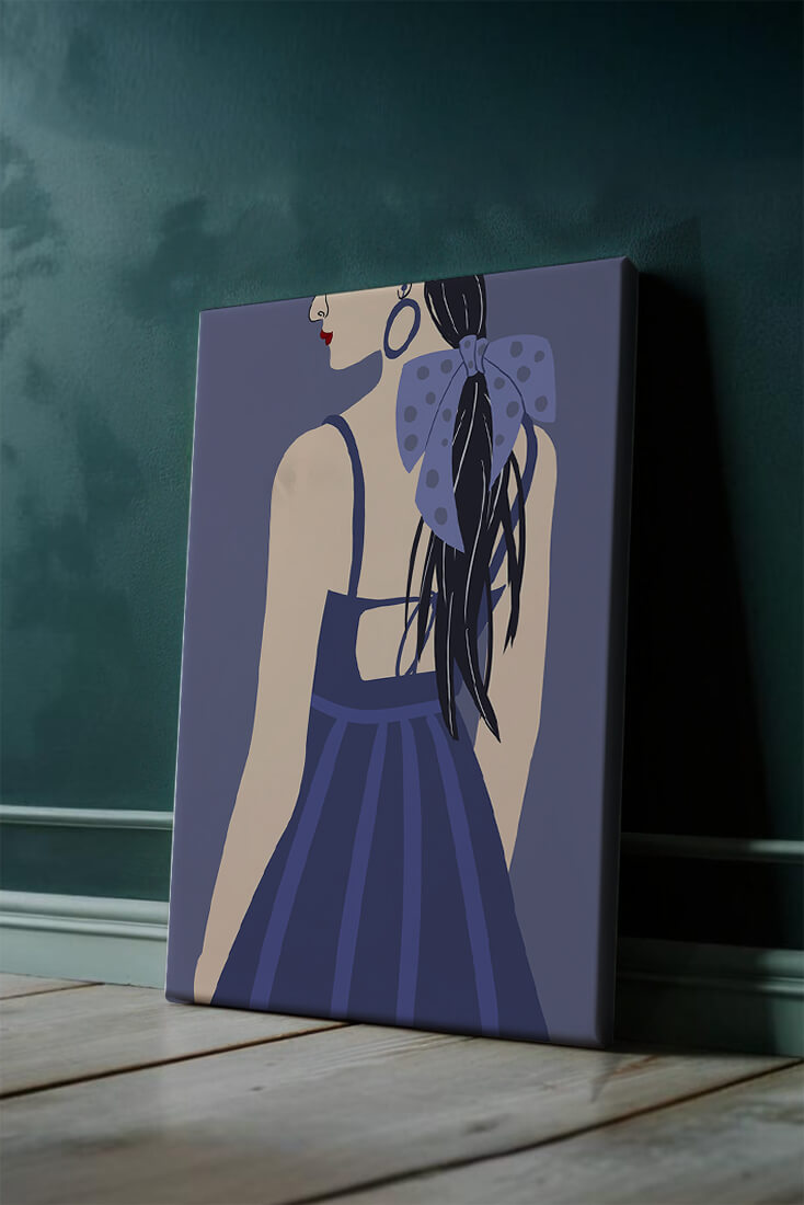 Stilvolle Illustration einer Frau mit gepunkteter Schleife und blauem Kleid