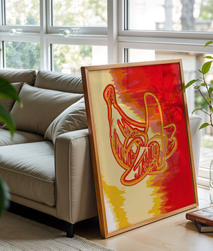 Abstract banana art with vibrant red and orange hues