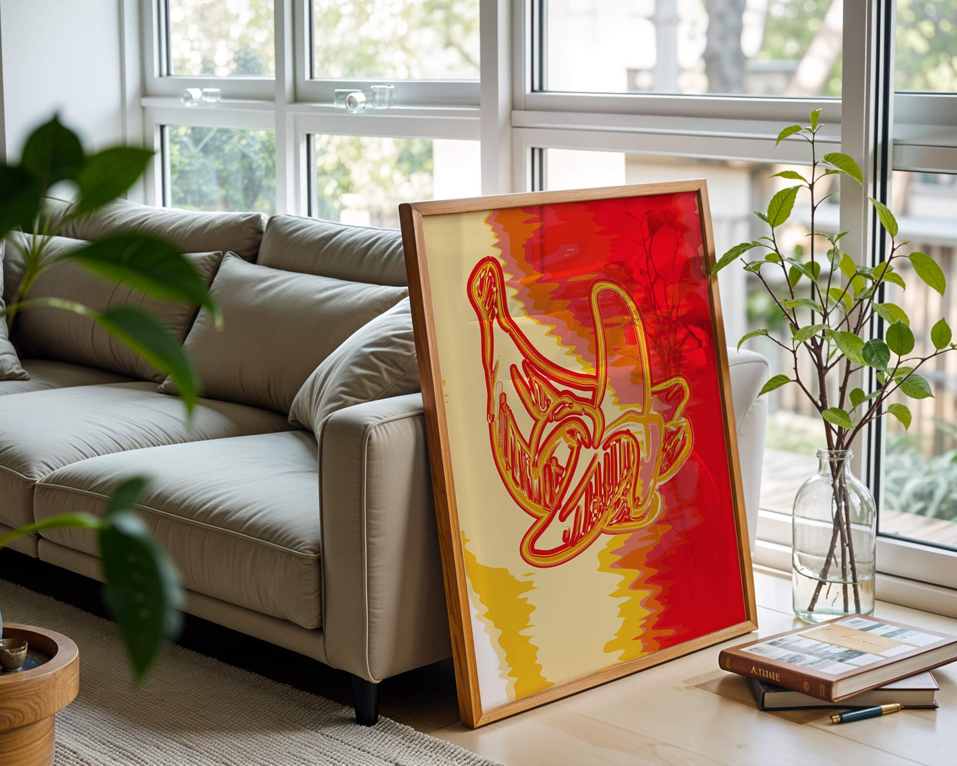 Abstract banana art with vibrant red and orange hues
