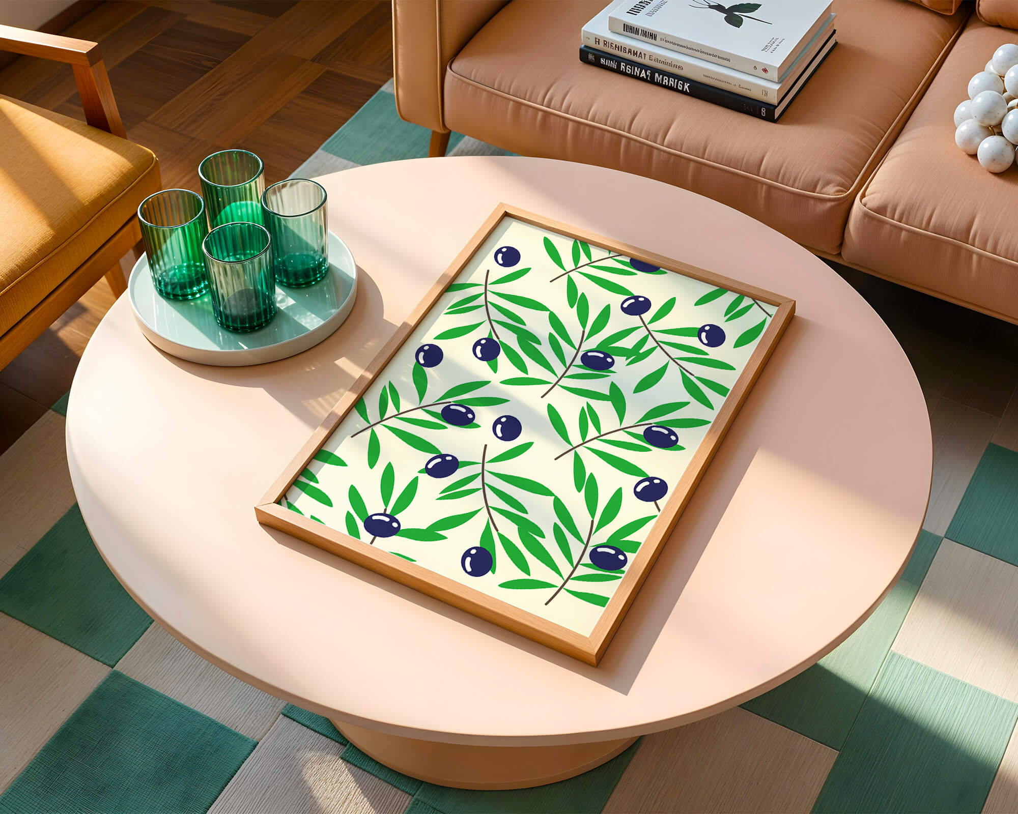 Olive branch pattern with green leaves and blue olives