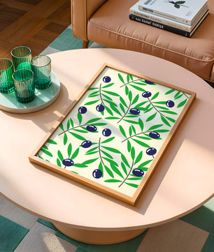 Olive branch pattern with green leaves and blue olives