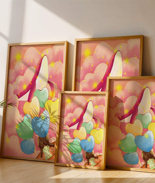Globos con forma de corazón y ballena en una escena caprichosa y colorida