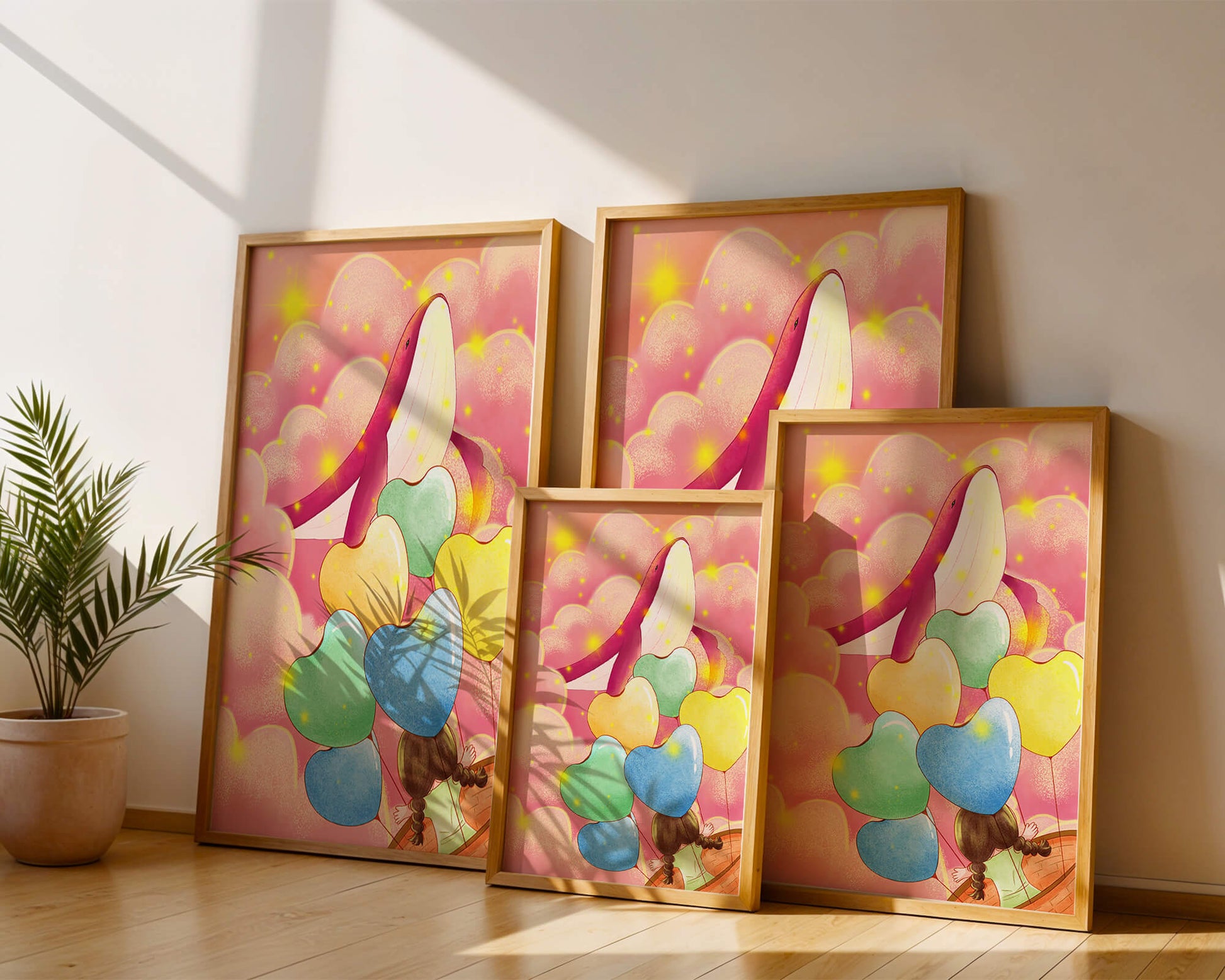 Globos en forma de corazón y ballena en una escena colorida y caprichosa.