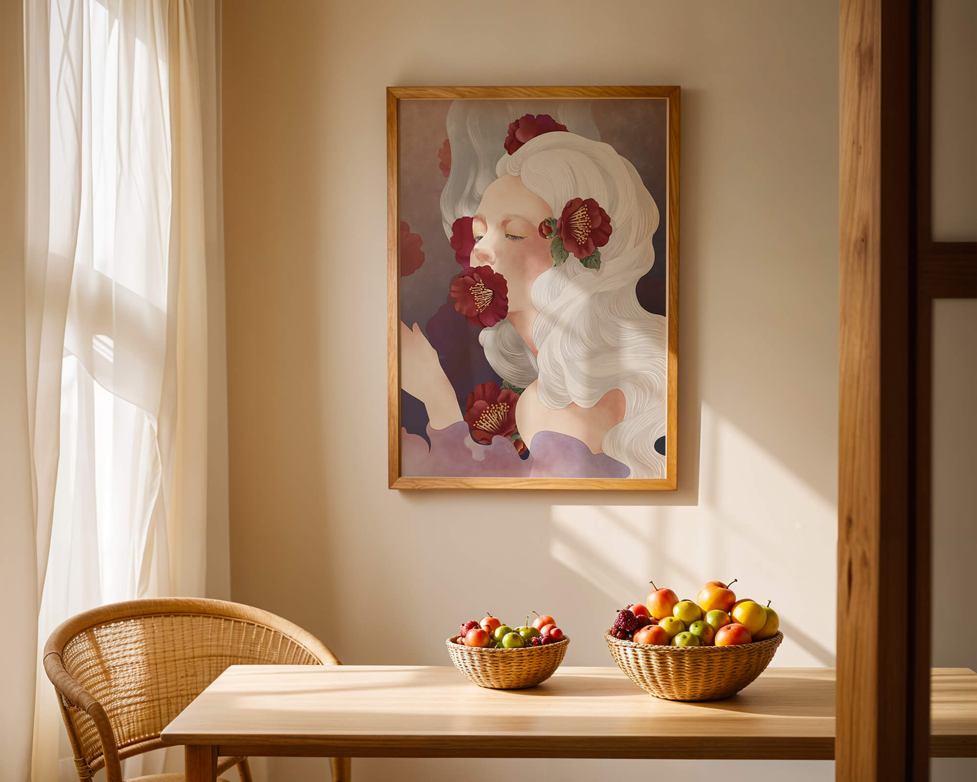 Dreamy Portrait of a Woman with White Hair and Red Flowers