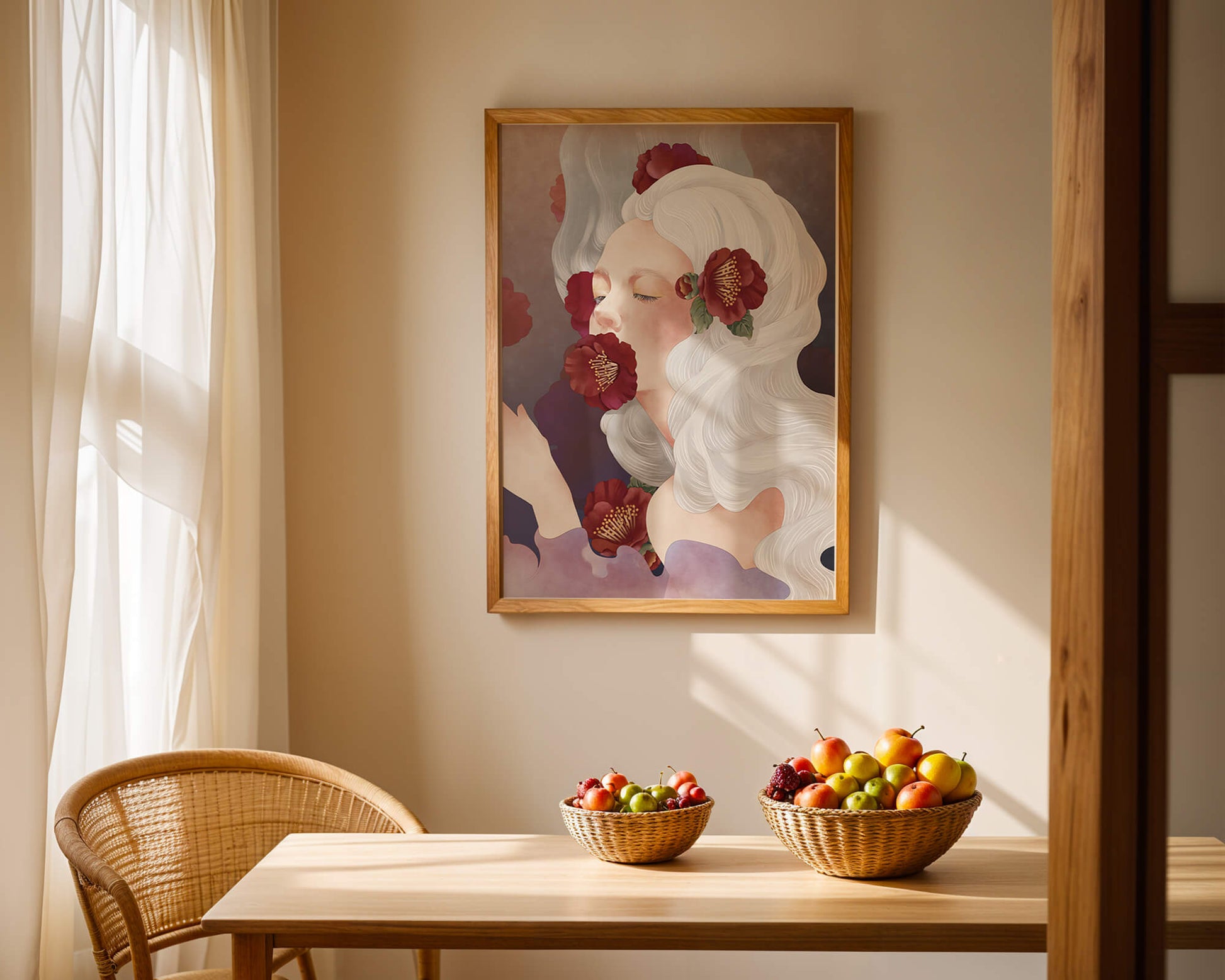 Dreamy Portrait of a Woman with White Hair and Red Flowers