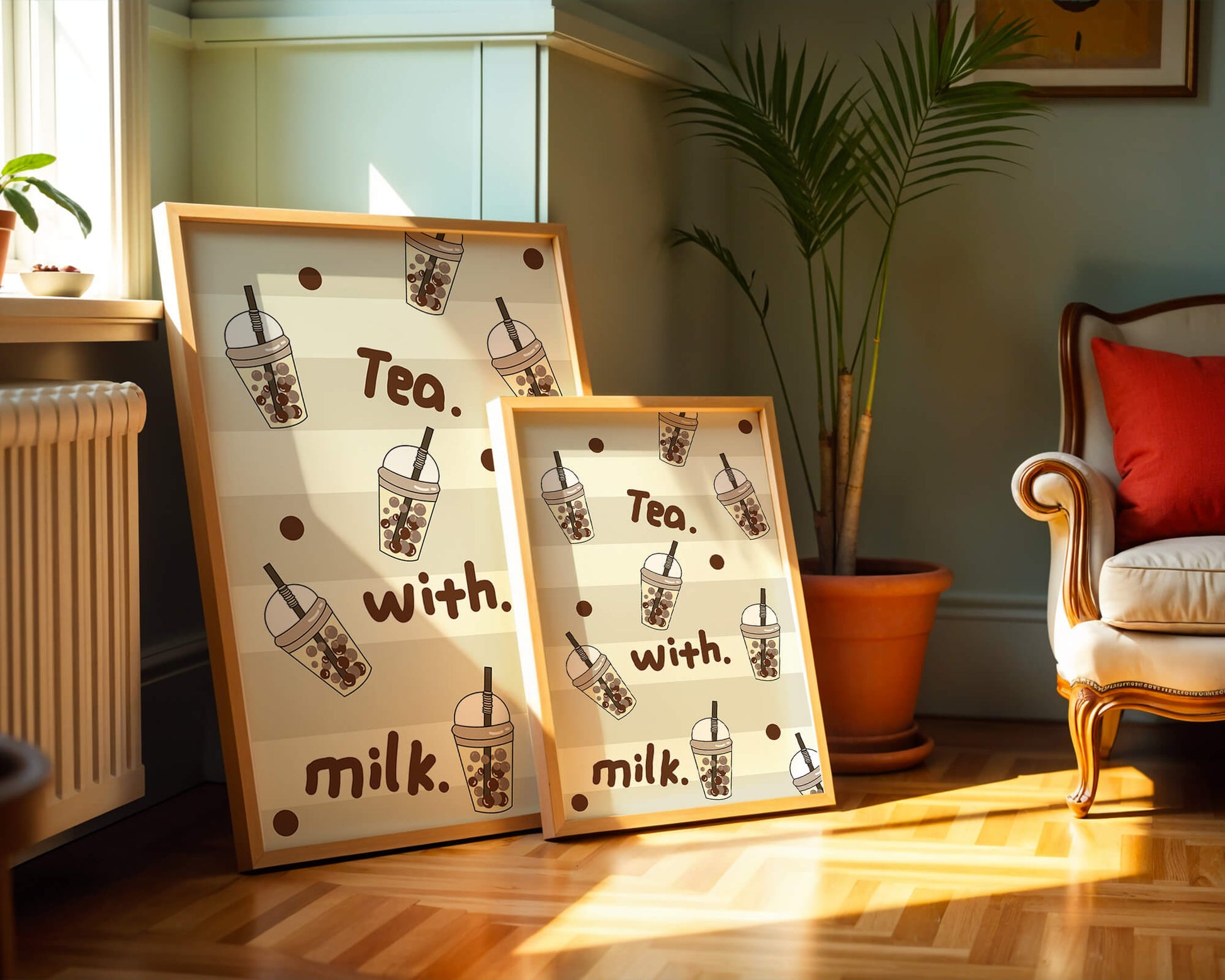 Boba tea pattern with text and bubble illustrations
